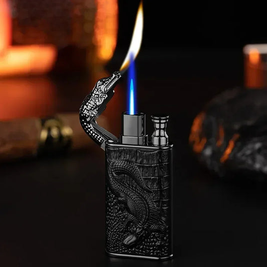 3D Embossed Dragon Crocodile Dual Fire Lighter Metal Windproof Jet Fire Open Flame Convertible Gas Lighter Smoking Men Gift