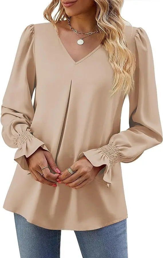 Women's New Solid Color Chiffon Shirt V-neck Pullover Flared Long Sleeved Top Shirt Office Lady Elegant Khaki Loose Blouses