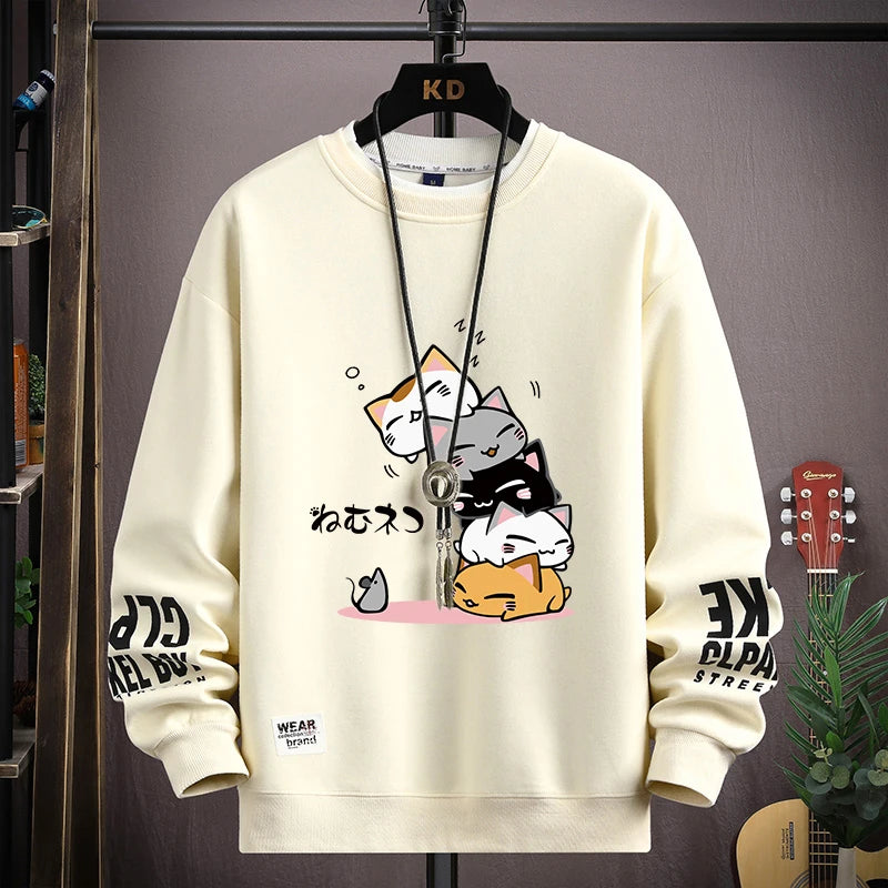 Spring Men's Sweatshirt Japan Cartoon Cats Printed Long Sleeve T-shirt Fashion Men's Clothing Khaki O Neck Harajuku Top 2024 New