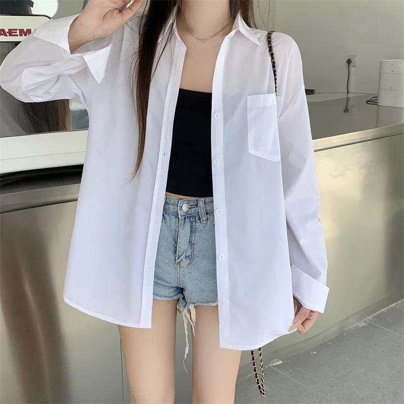 Beiyingni 2024 Spring Autumn Women Shirts White Plain Loose Oversized Blouses Female Tops Loose BF Korean Style Blusas Pockets