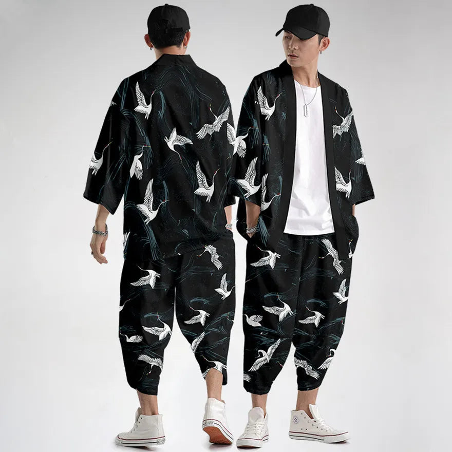 Harajuku Tops Robe Fashion Asian Clothes Anime Demon Print Kimono + Pants Japanese Streetwear Men Women Cardigan Cosplay Haori