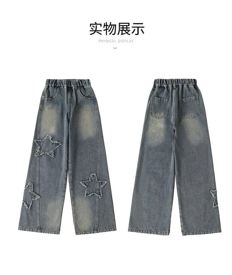 IENENS High Waist Jeans Girl Straight Loose Wide-leg Pants Spring and Autumn Korean Baggy Jeans Fashion Kids Denim Trousers