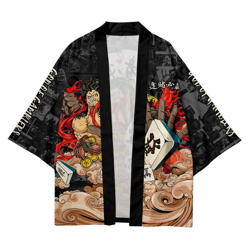 Harajuku Tops Robe Fashion Asian Clothes Anime Demon Print Kimono + Pants Japanese Streetwear Men Women Cardigan Cosplay Haori