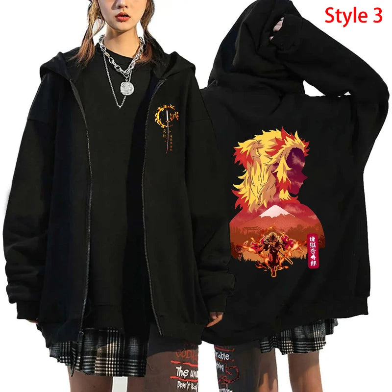 Hot Anime Rengoku Kyoujurou Printing Zipper Coat Clothes Fashion Y2k Loose Hoodie Men Women Sweatshirt Zipper Streetwear Hoodies