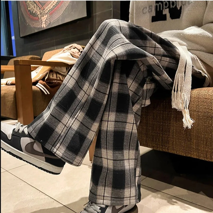 Men Winter Retro Plaid Wide Leg Trousers