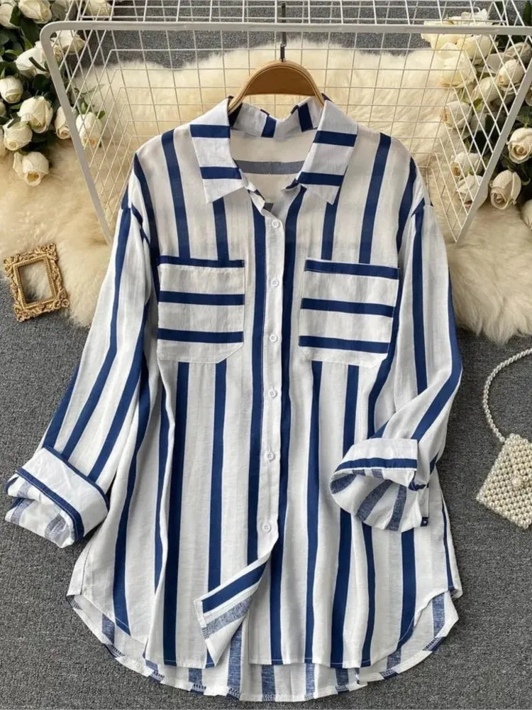 Spring Summer Striped Blouse Fashion Turn-down Collar Long Sleeve Button Top Casual Shirt Female Holiday Loose Tops Shirts New