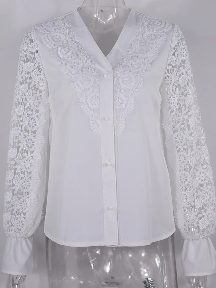 Shirts Elegant Office Ladies White Collared Lace Patchwork Hollow Out Button Up Womens Tops And Blouses 2024 Fashion New Blouse