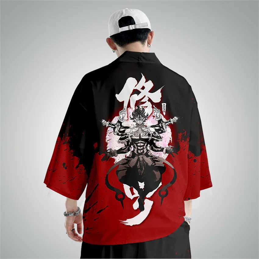 Harajuku Tops Robe Fashion Asian Clothes Anime Demon Print Kimono + Pants Japanese Streetwear Men Women Cardigan Cosplay Haori