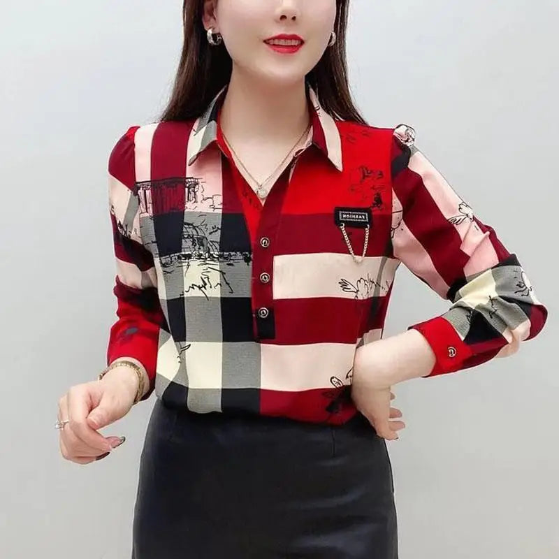 Female All-match Vintage Plaid Printed Shirt Fashion Button Casual Polo-Neck Pullovers Blouse Spring Autumn Women's Clothing