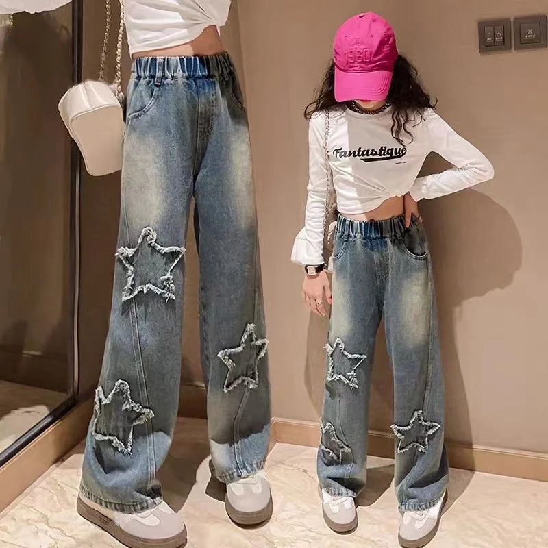 IENENS High Waist Jeans Girl Straight Loose Wide-leg Pants Spring and Autumn Korean Baggy Jeans Fashion Kids Denim Trousers