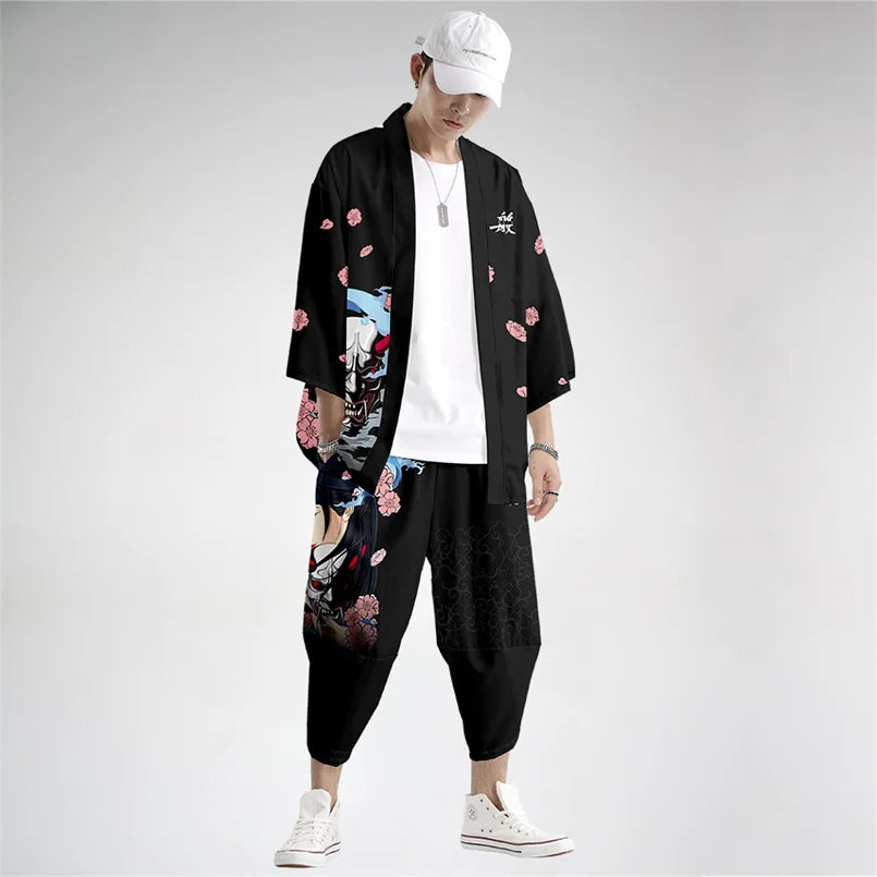 Harajuku Tops Robe Fashion Asian Clothes Anime Demon Print Kimono + Pants Japanese Streetwear Men Women Cardigan Cosplay Haori