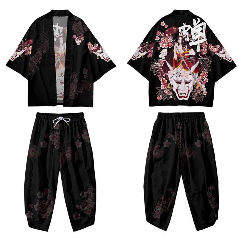 Harajuku Tops Robe Fashion Asian Clothes Anime Demon Print Kimono + Pants Japanese Streetwear Men Women Cardigan Cosplay Haori