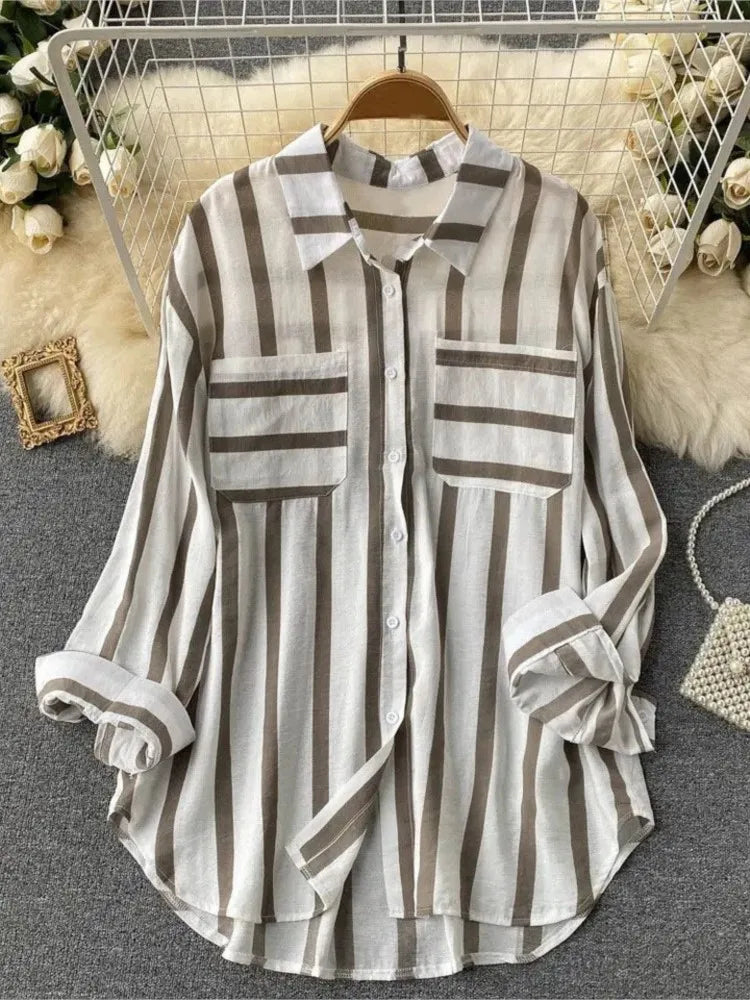 Spring Summer Striped Blouse Fashion Turn-down Collar Long Sleeve Button Top Casual Shirt Female Holiday Loose Tops Shirts New