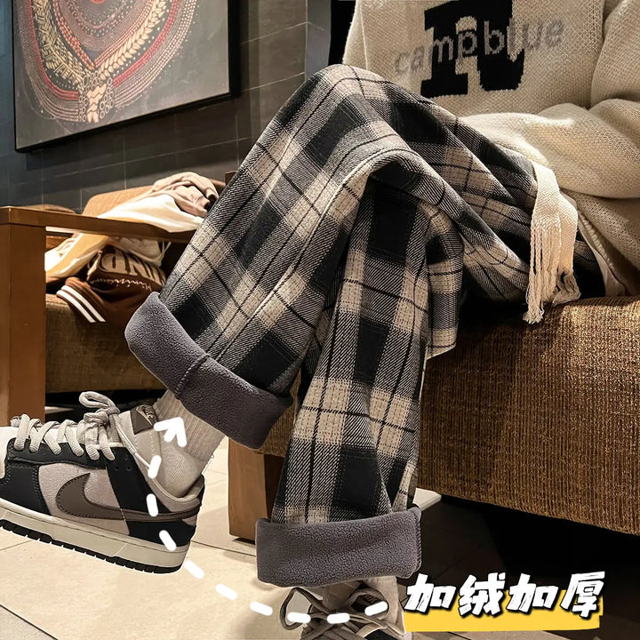 Men Winter Retro Plaid Wide Leg Trousers