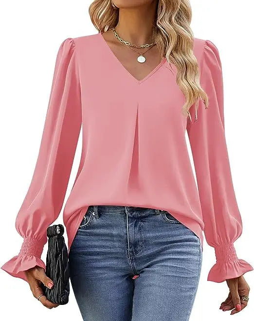 Women's New Solid Color Chiffon Shirt V-neck Pullover Flared Long Sleeved Top Shirt Office Lady Elegant Khaki Loose Blouses