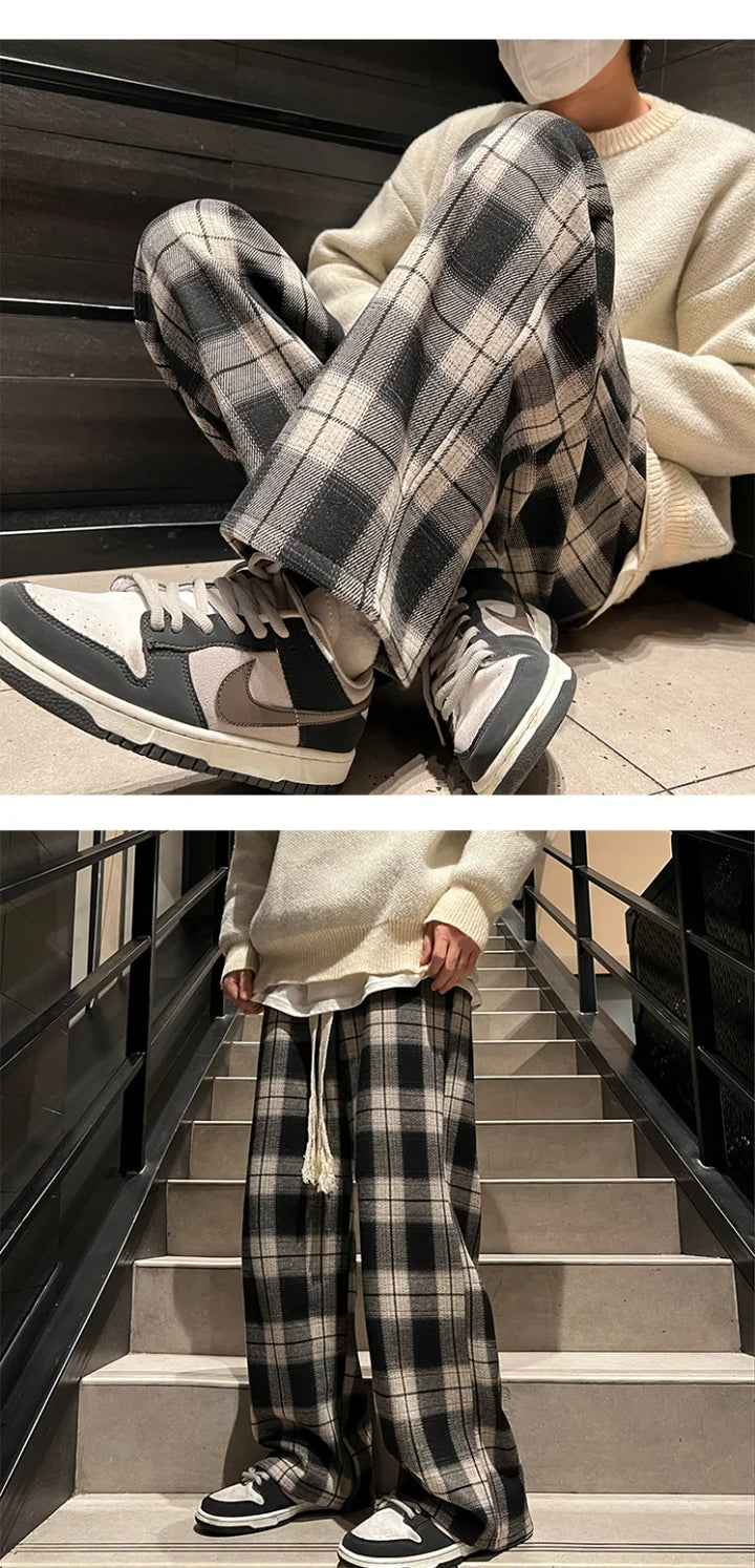 Men Winter Retro Plaid Wide Leg Trousers