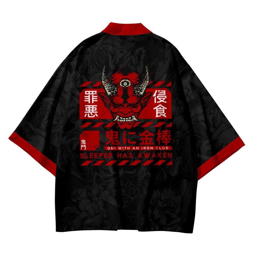 Harajuku Tops Robe Fashion Asian Clothes Anime Demon Print Kimono + Pants Japanese Streetwear Men Women Cardigan Cosplay Haori