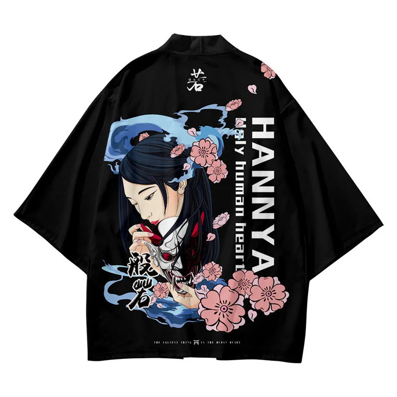 Harajuku Tops Robe Fashion Asian Clothes Anime Demon Print Kimono + Pants Japanese Streetwear Men Women Cardigan Cosplay Haori