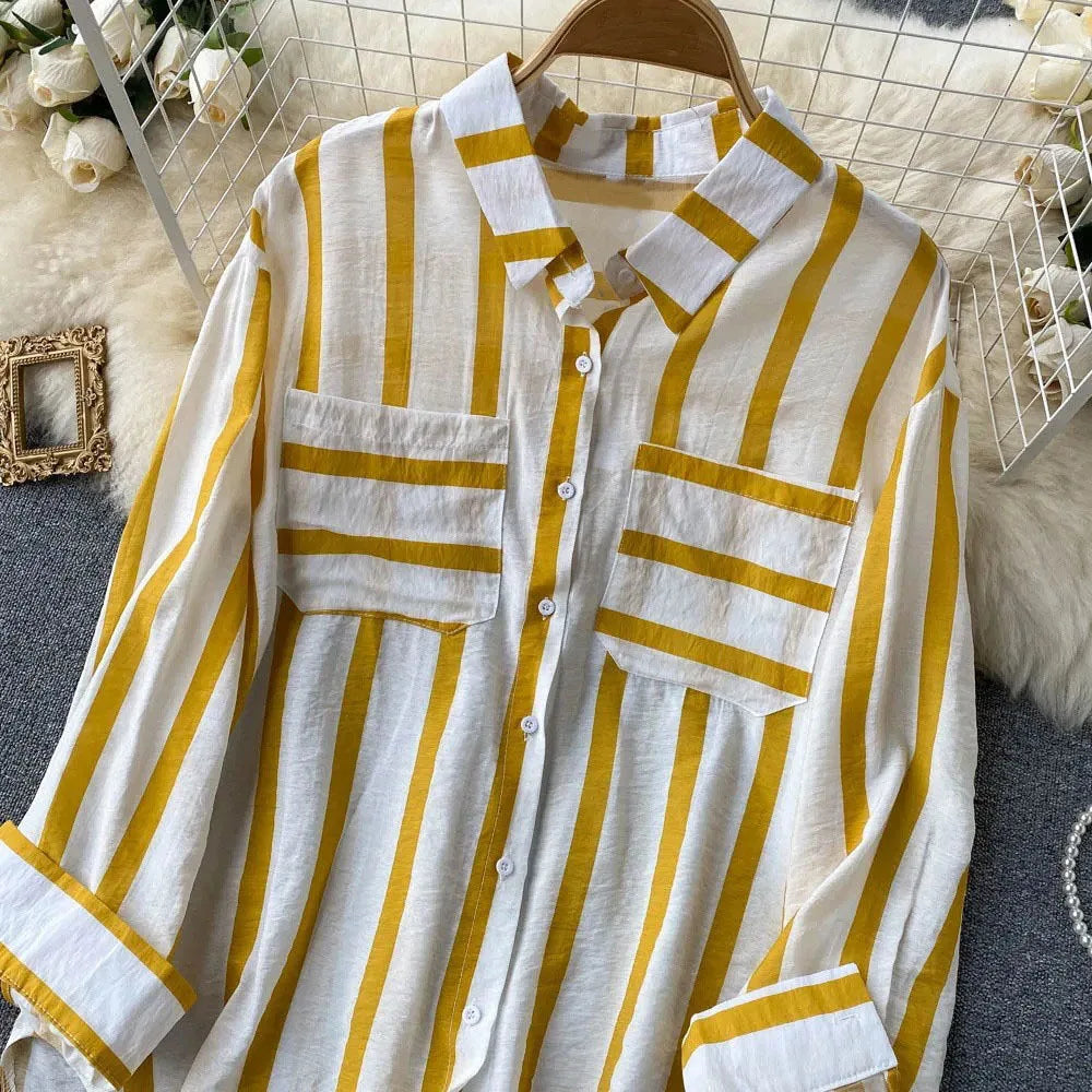 Spring Summer Striped Blouse Fashion Turn-down Collar Long Sleeve Button Top Casual Shirt Female Holiday Loose Tops Shirts New