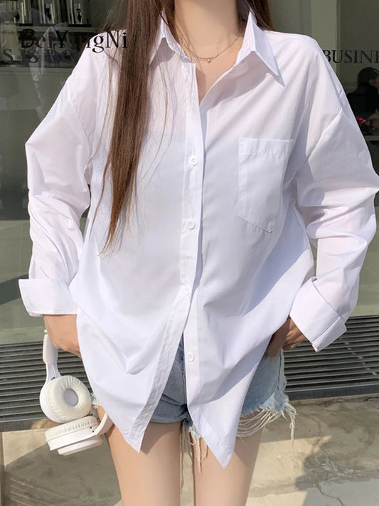 Beiyingni 2024 Spring Autumn Women Shirts White Plain Loose Oversized Blouses Female Tops Loose BF Korean Style Blusas Pockets