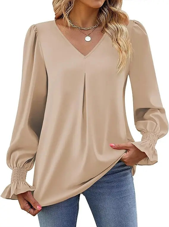 Women's New Solid Color Chiffon Shirt V-neck Pullover Flared Long Sleeved Top Shirt Office Lady Elegant Khaki Loose Blouses