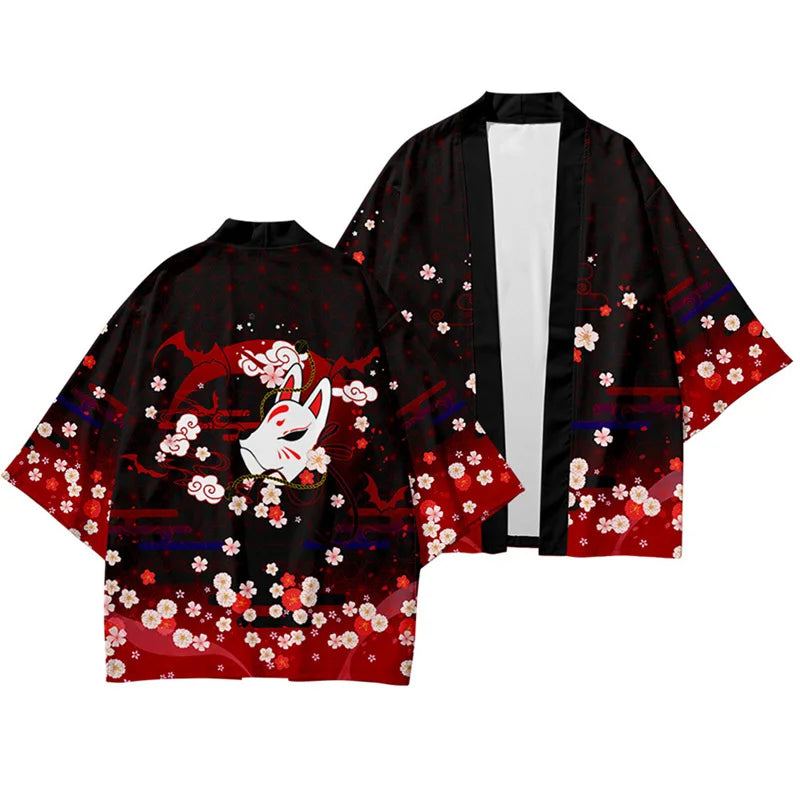 Harajuku Tops Robe Fashion Asian Clothes Anime Demon Print Kimono + Pants Japanese Streetwear Men Women Cardigan Cosplay Haori