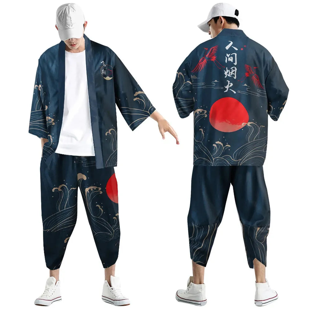 Harajuku Tops Robe Fashion Asian Clothes Anime Demon Print Kimono + Pants Japanese Streetwear Men Women Cardigan Cosplay Haori