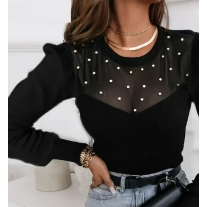 Autumn and Winter S-2XL Fashionable Casual Mesh Bead Splicing Long Sleeved Solid Color Women's Loose Top