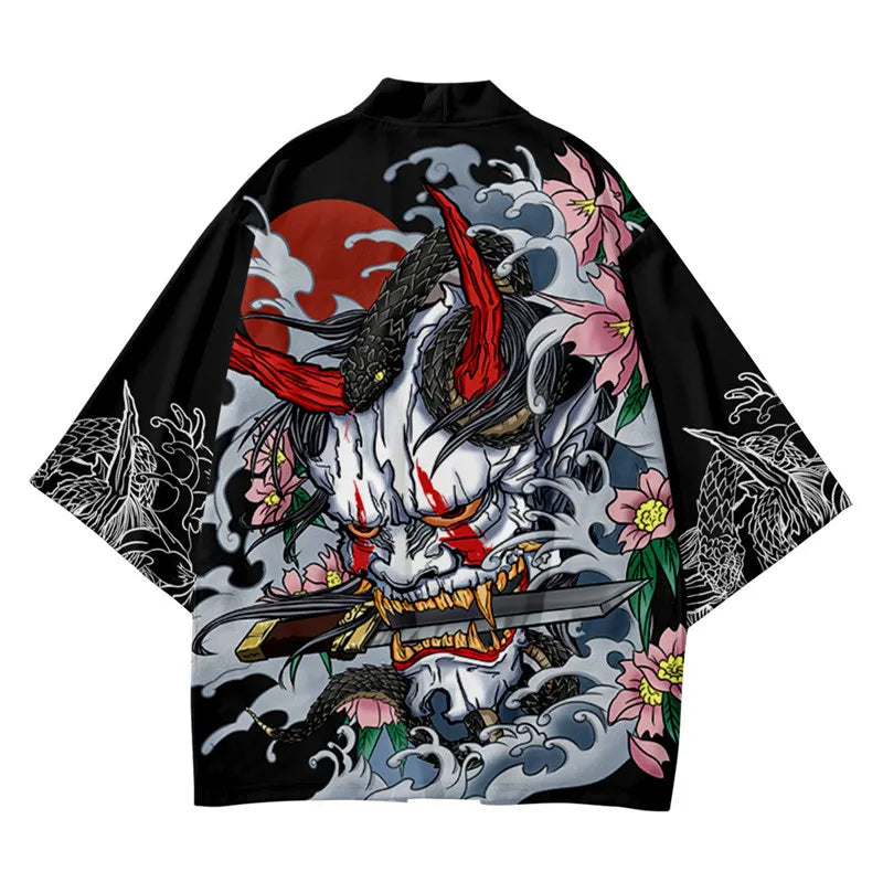 Harajuku Tops Robe Fashion Asian Clothes Anime Demon Print Kimono + Pants Japanese Streetwear Men Women Cardigan Cosplay Haori