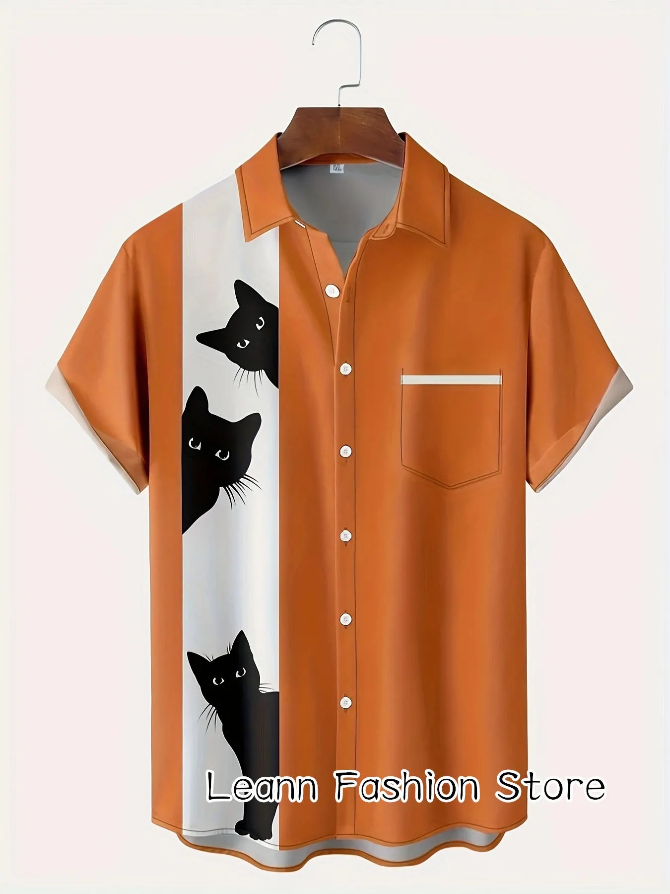 Men Summer Funny Anime Cats Print Shirt Casual Stylish Clothing Male Button Lapel Collar Shirt Fashion Hawaiian Vacation Shirt